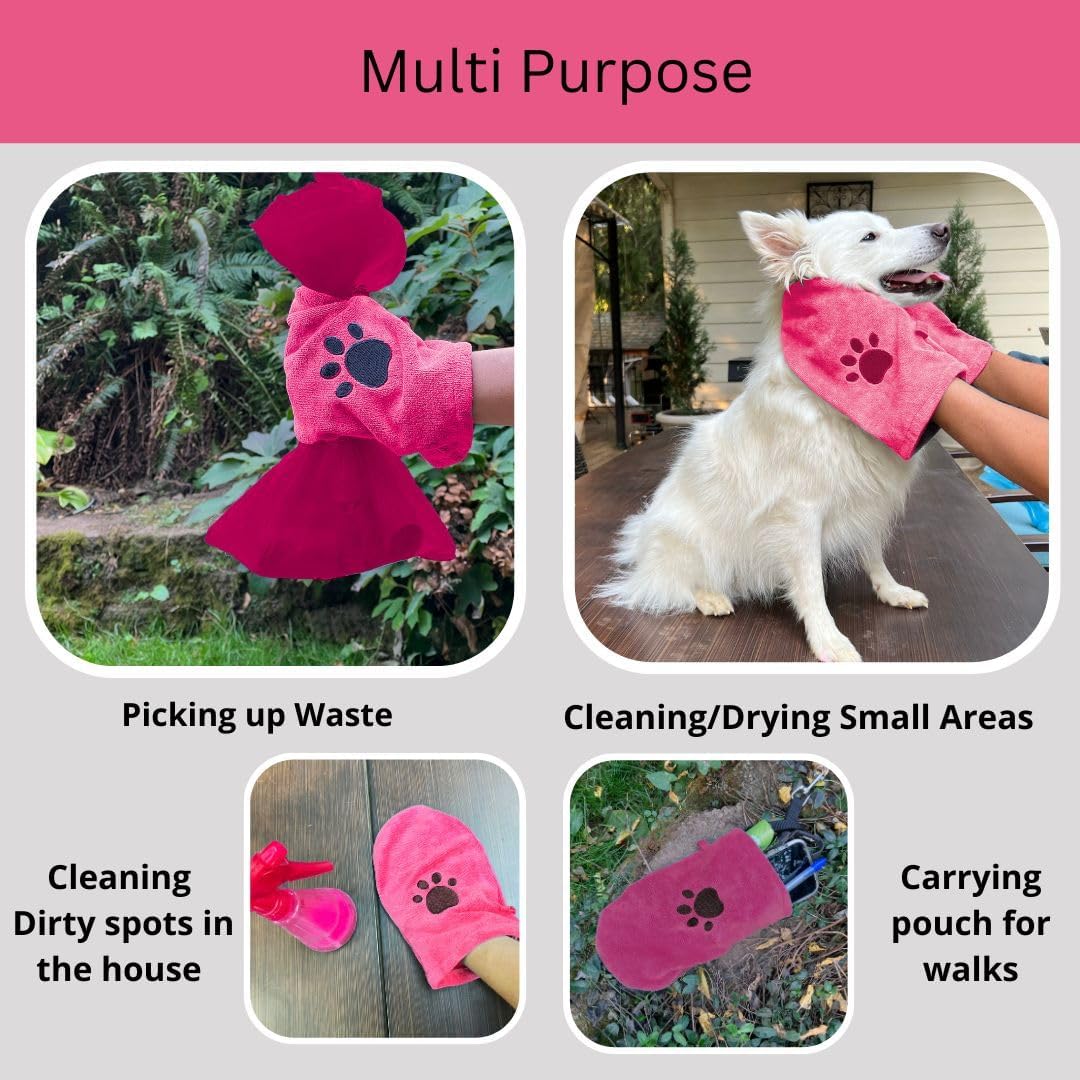 Microfiber Pet Towel Mitts - Paw Cleaning and Drying Mitts/Gloves for Dogs and Cats (Pink, Standard - 4 Pack)