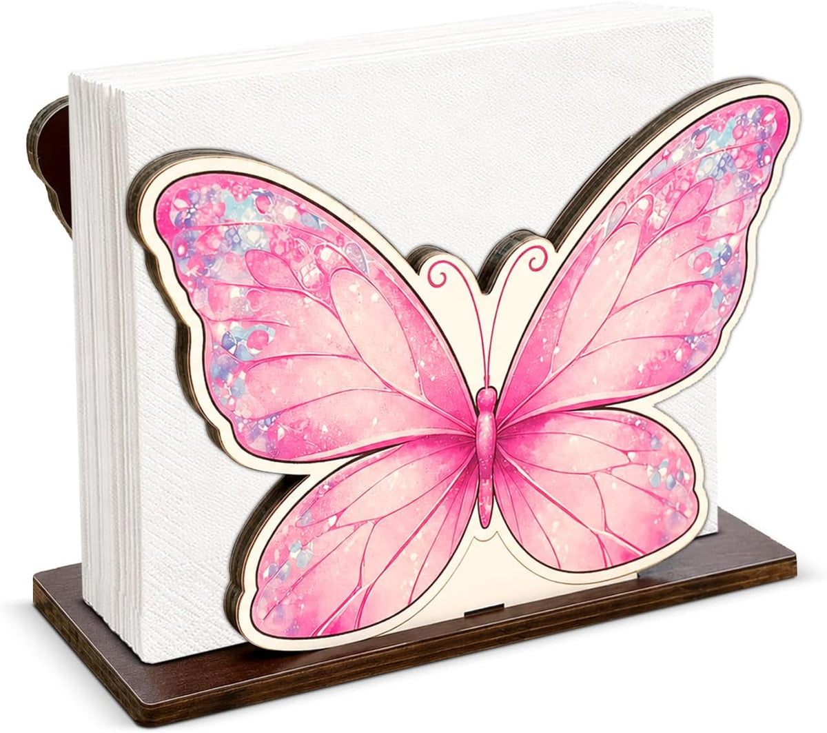 Cute Pink Butterfly Wooden Napkin Holder for Table Girly Butterfly Wood Napkin Dispenser for Home Kitchen Dining Room Decor Napkins Tissue Holder