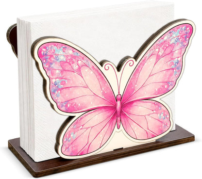 Cute Pink Butterfly Wooden Napkin Holder for Table Girly Butterfly Wood Napkin Dispenser for Home Kitchen Dining Room Decor Napkins Tissue Holder