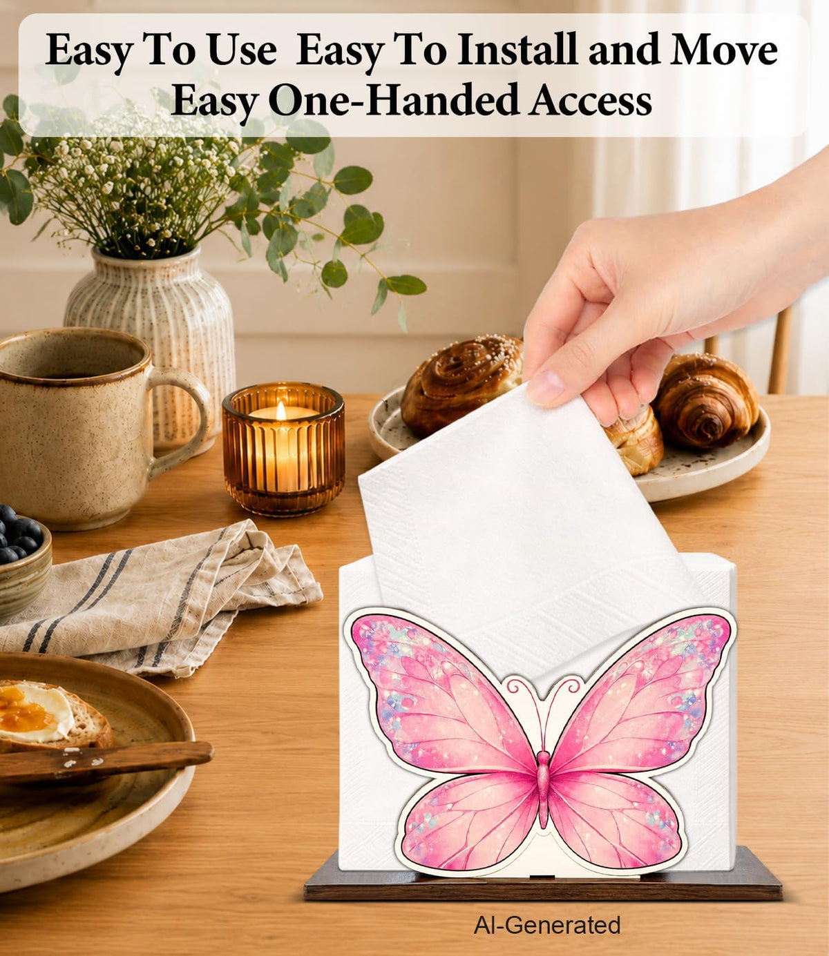 Cute Pink Butterfly Wooden Napkin Holder for Table Girly Butterfly Wood Napkin Dispenser for Home Kitchen Dining Room Decor Napkins Tissue Holder