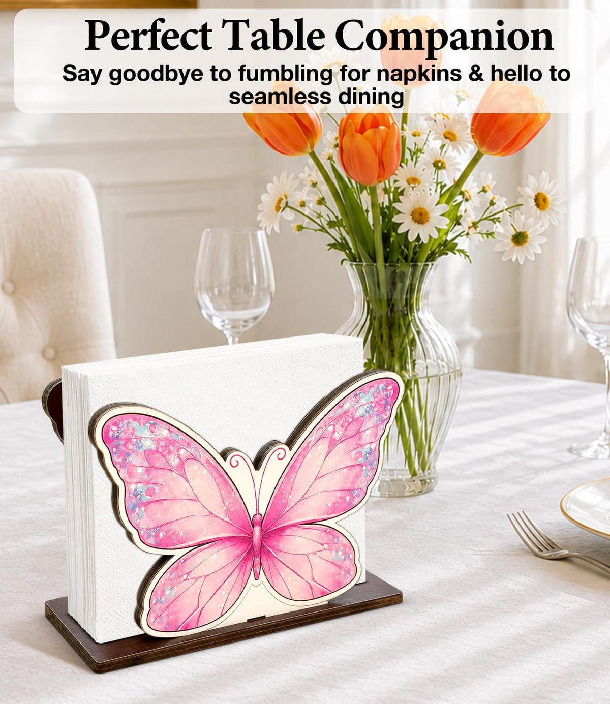 Cute Pink Butterfly Wooden Napkin Holder for Table Girly Butterfly Wood Napkin Dispenser for Home Kitchen Dining Room Decor Napkins Tissue Holder