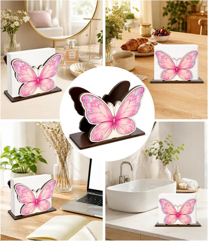 Cute Pink Butterfly Wooden Napkin Holder for Table Girly Butterfly Wood Napkin Dispenser for Home Kitchen Dining Room Decor Napkins Tissue Holder