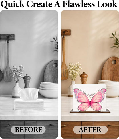 Cute Pink Butterfly Wooden Napkin Holder for Table Girly Butterfly Wood Napkin Dispenser for Home Kitchen Dining Room Decor Napkins Tissue Holder