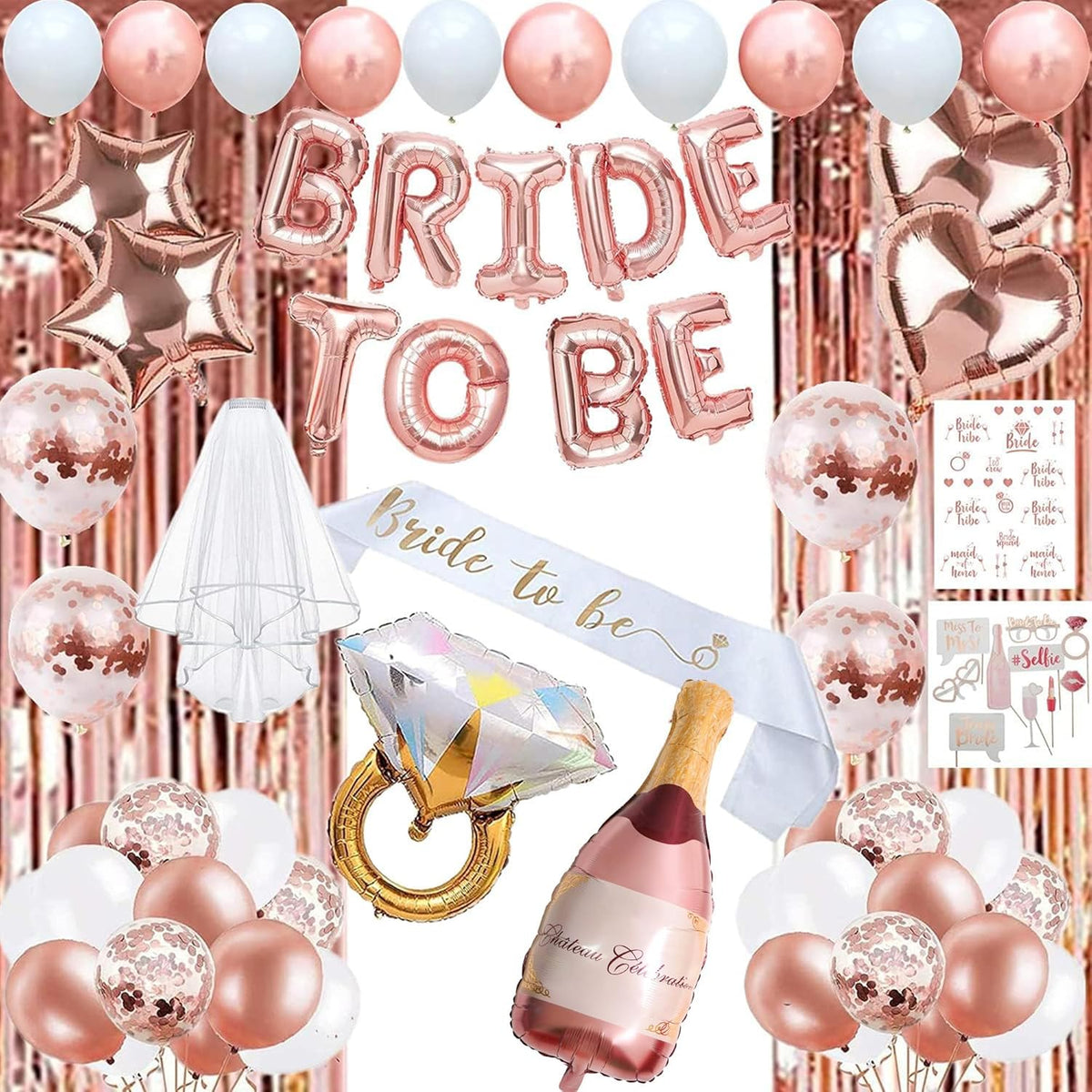Bachelorette Party Decorations - Rose Gold Bridal Shower Party Decor and Supplies Kit Bride To Be Sash, Veil, Temporary Tattoos, Confetti Balloons Pack Fringe Curtain.
