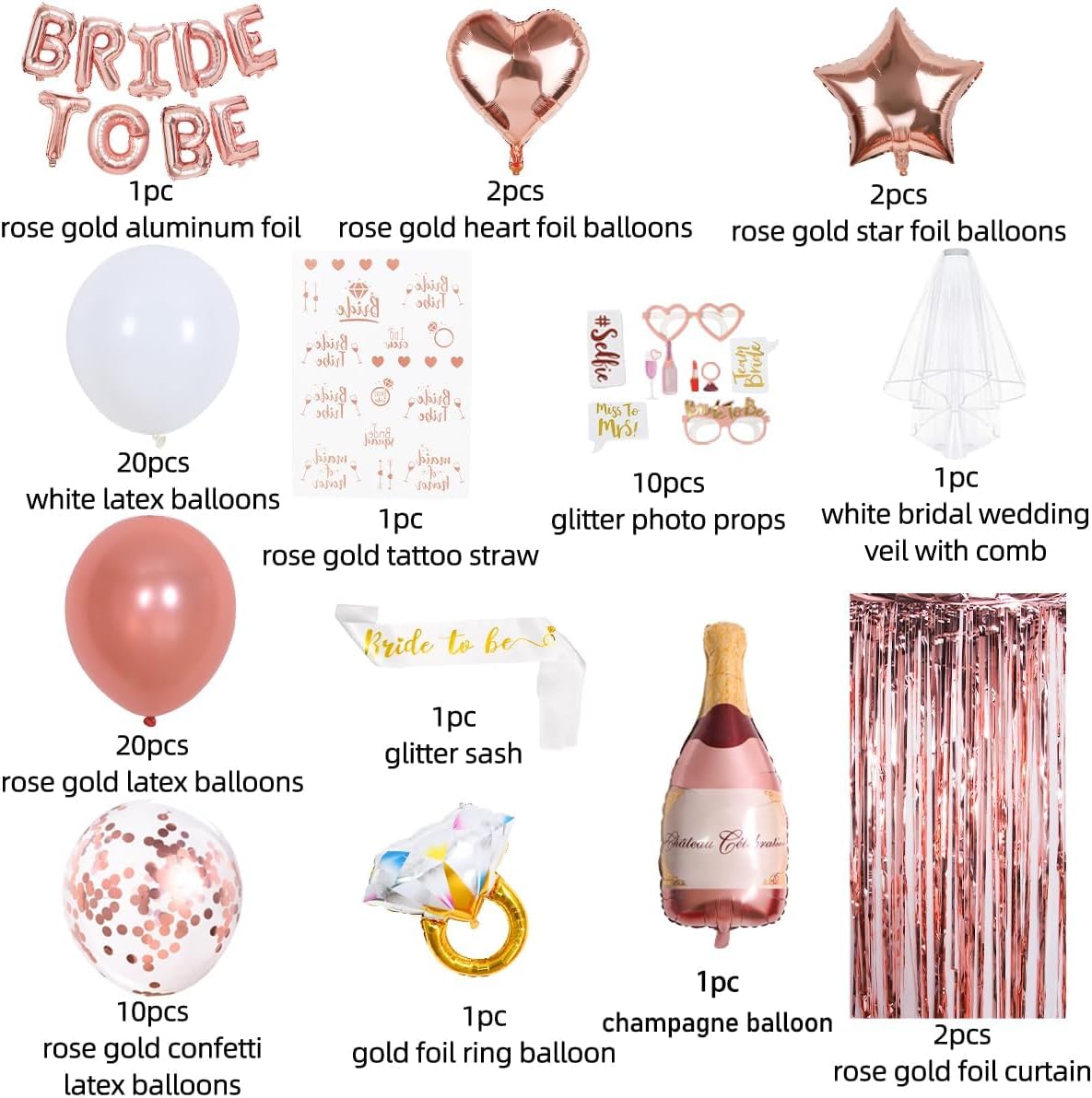 Bachelorette Party Decorations - Rose Gold Bridal Shower Party Decor and Supplies Kit Bride To Be Sash, Veil, Temporary Tattoos, Confetti Balloons Pack Fringe Curtain.