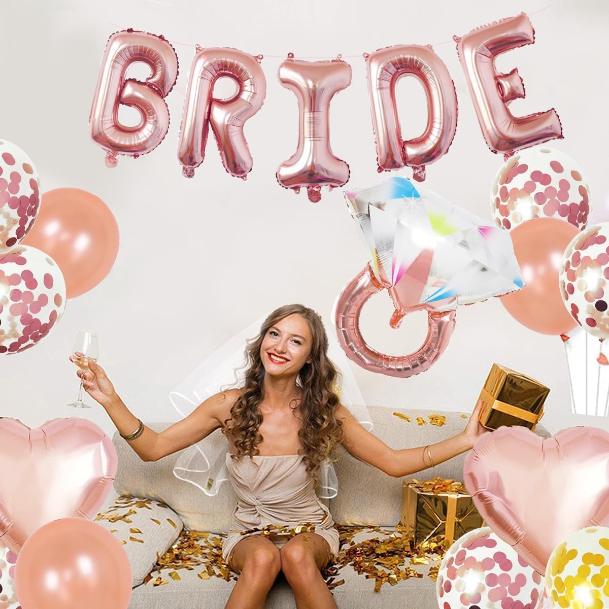 Bachelorette Party Decorations - Rose Gold Bridal Shower Party Decor and Supplies Kit Bride To Be Sash, Veil, Temporary Tattoos, Confetti Balloons Pack Fringe Curtain.