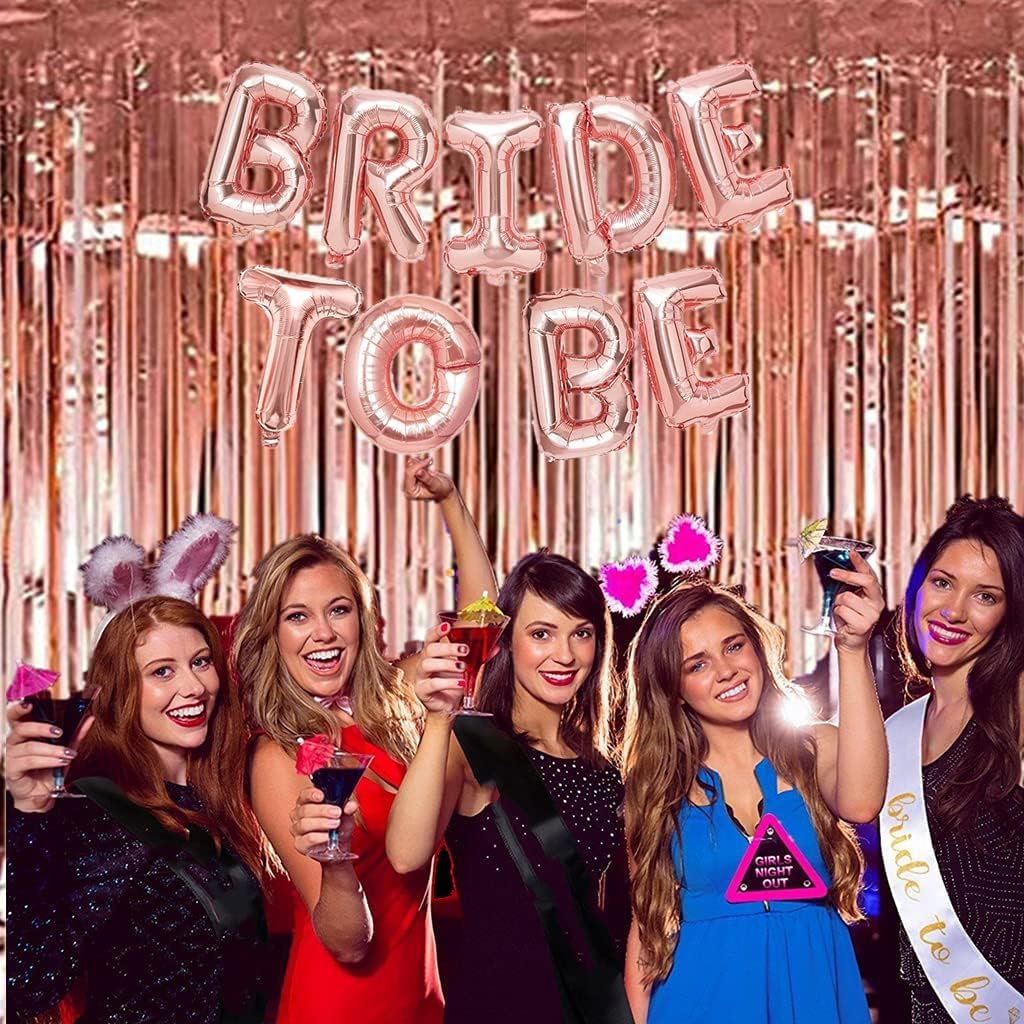 Bachelorette Party Decorations - Rose Gold Bridal Shower Party Decor and Supplies Kit Bride To Be Sash, Veil, Temporary Tattoos, Confetti Balloons Pack Fringe Curtain.