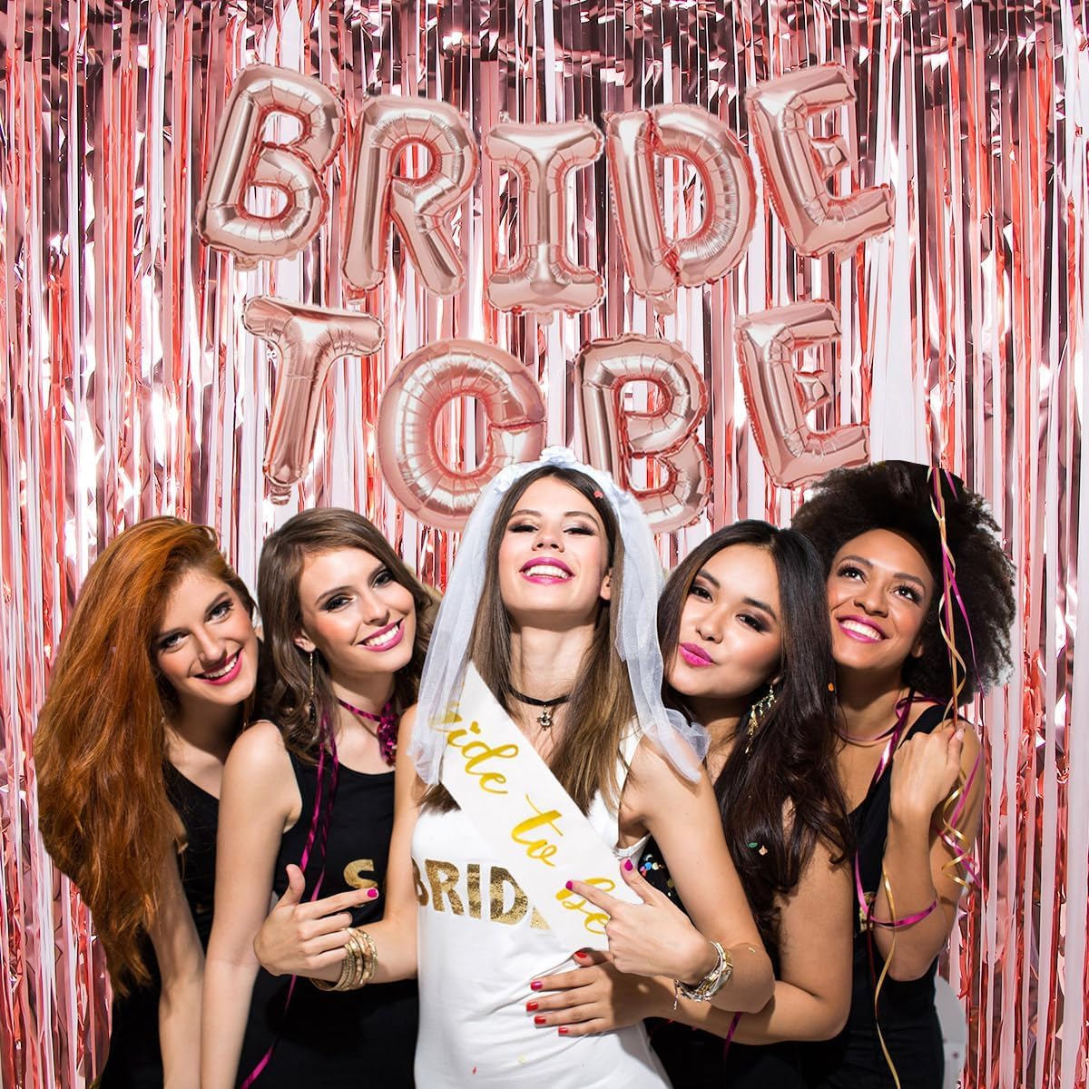 Bachelorette Party Decorations - Rose Gold Bridal Shower Party Decor and Supplies Kit Bride To Be Sash, Veil, Temporary Tattoos, Confetti Balloons Pack Fringe Curtain.
