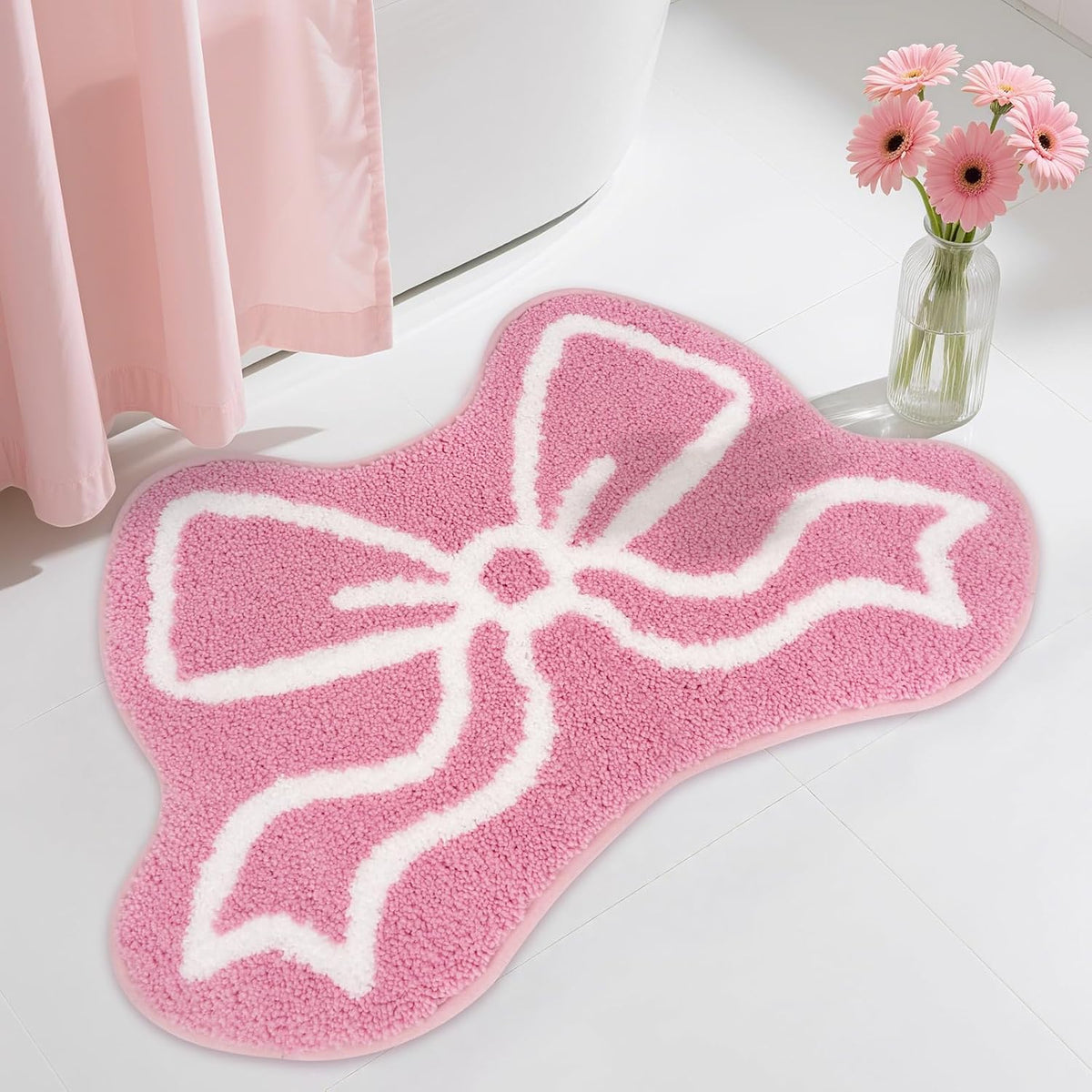 Bathroom Rugs - Pink Bow Bath Rug, Machine Washable Bath Mat