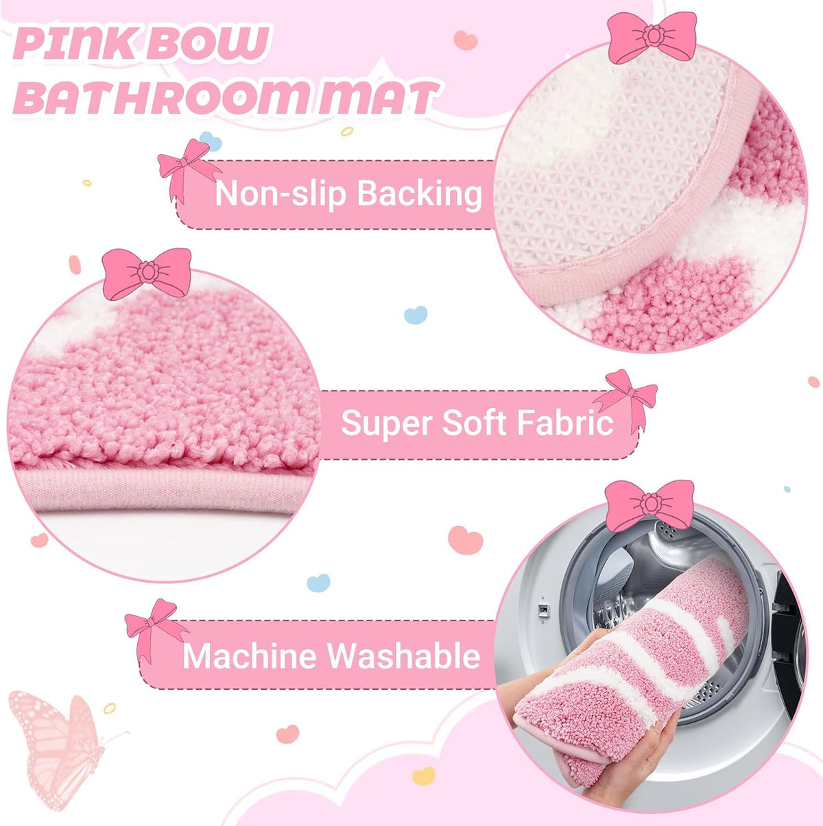 Bathroom Rugs - Pink Bow Bath Rug, Machine Washable Bath Mat