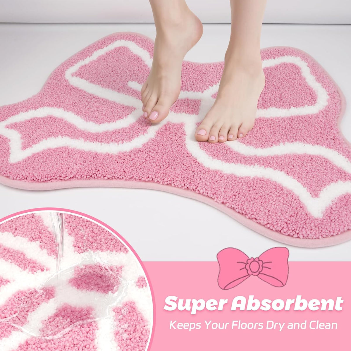 Bathroom Rugs - Pink Bow Bath Rug, Machine Washable Bath Mat