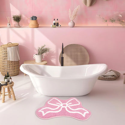 Bathroom Rugs - Pink Bow Bath Rug, Machine Washable Bath Mat
