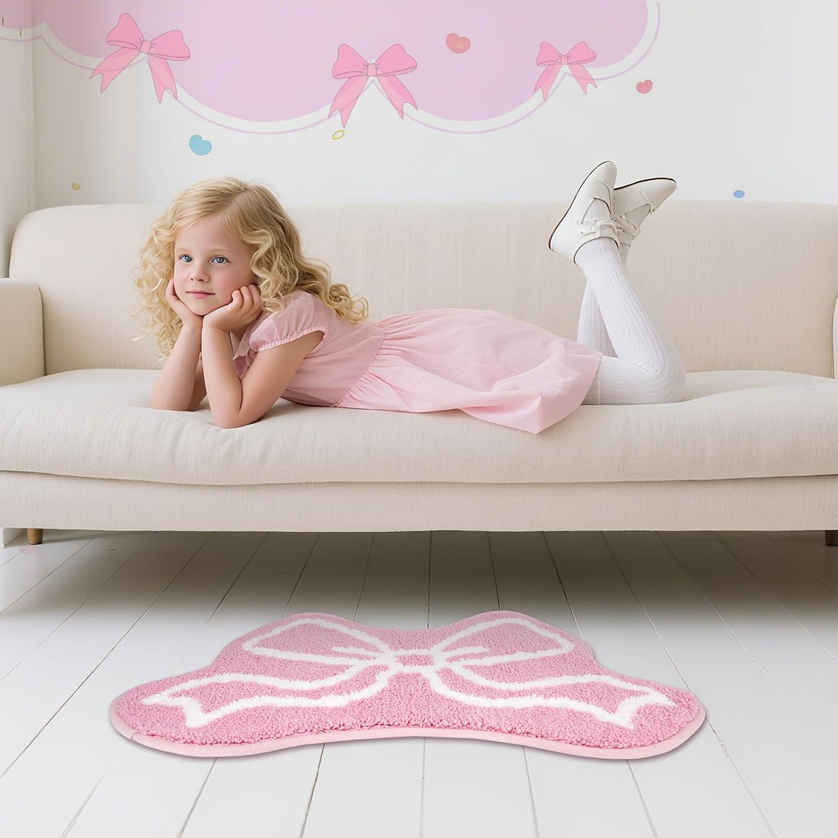 Bathroom Rugs - Pink Bow Bath Rug, Machine Washable Bath Mat