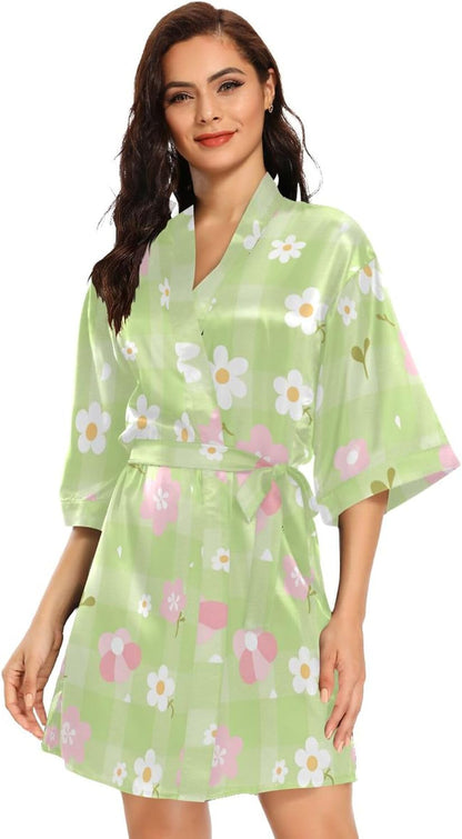 Pink White Check Cute Women's Kimono Robes, Dressing Gown Nightwear Skin-friendly Bridesmaid Robe