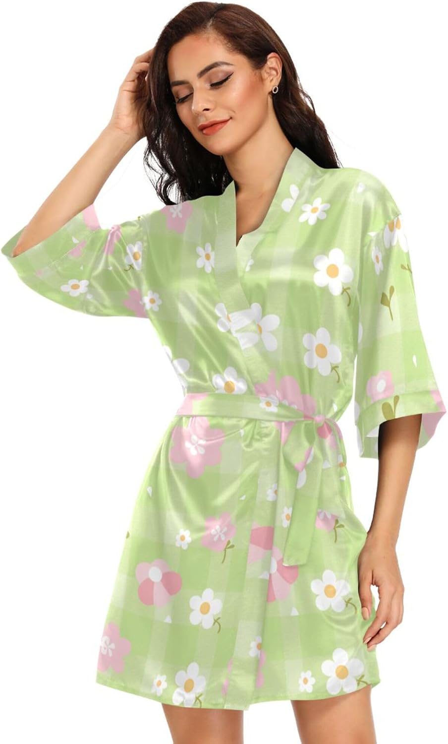 Pink White Check Cute Women's Kimono Robes, Dressing Gown Nightwear Skin-friendly Bridesmaid Robe
