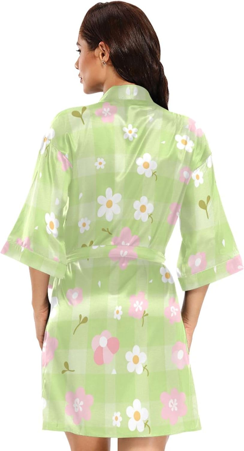 Pink White Check Cute Women's Kimono Robes, Dressing Gown Nightwear Skin-friendly Bridesmaid Robe