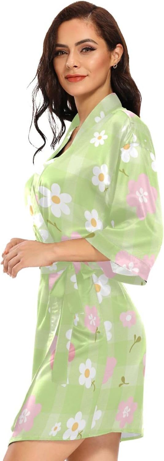 Pink White Check Cute Women's Kimono Robes, Dressing Gown Nightwear Skin-friendly Bridesmaid Robe