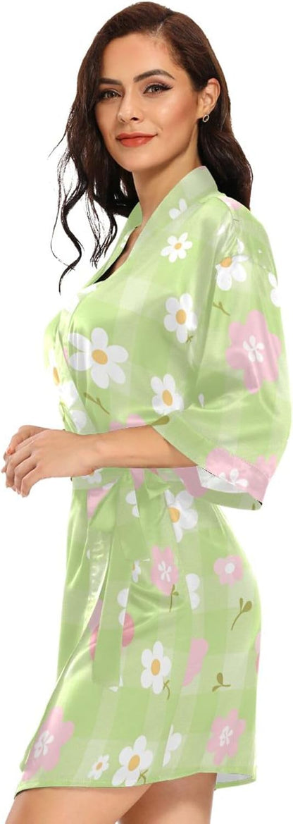 Pink White Check Cute Women's Kimono Robes, Dressing Gown Nightwear Skin-friendly Bridesmaid Robe