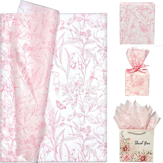 Floral Bird Tissue Paper Bulk, Vintage Pink and White Flower Tissue Paper for Gift Bags Wrapping Crafts, Elegant Art Packing Supplies for Wedding, Birthday, Holidays Decor, 60 Sheets 20x14in