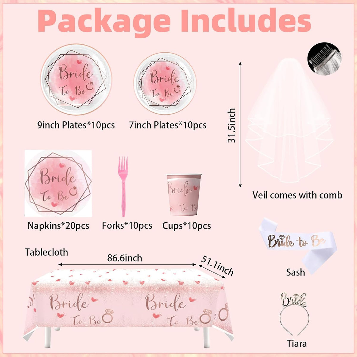 180Pcs Bachelorette Party Decorations,Pink Rose Gold Decor,Bridal Shower Party Supplies Balloon Arch,Bride To Be Party Favors Tableware Set Plates Fork Cups Napkins Tablecloth,Sash,Vail,Tiara