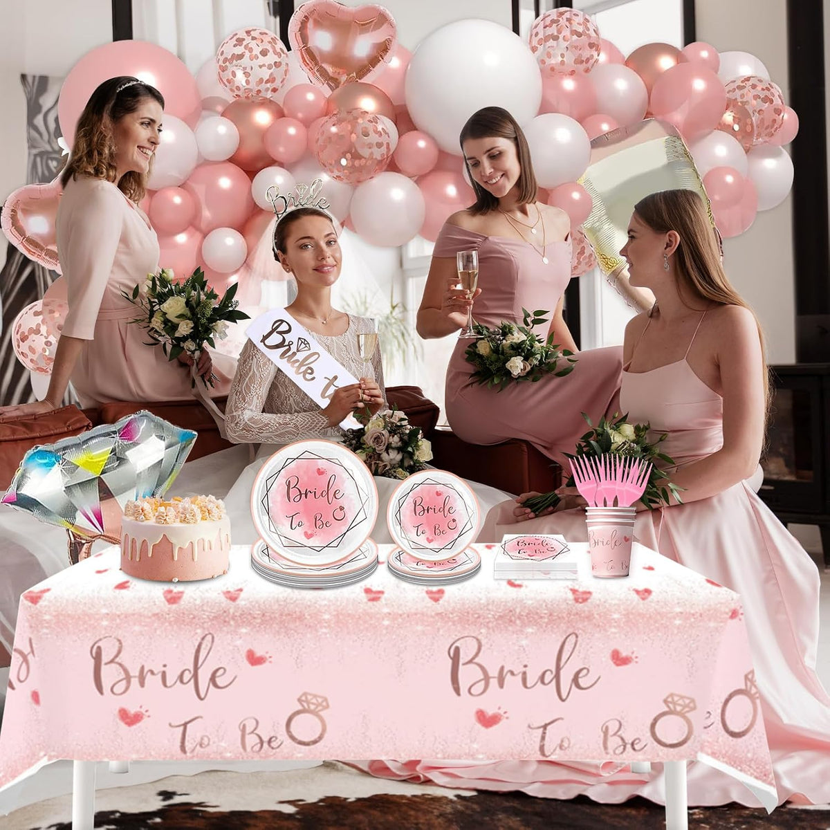 180Pcs Bachelorette Party Decorations,Pink Rose Gold Decor,Bridal Shower Party Supplies Balloon Arch,Bride To Be Party Favors Tableware Set Plates Fork Cups Napkins Tablecloth,Sash,Vail,Tiara