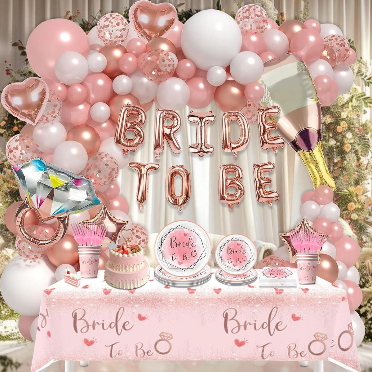 180Pcs Bachelorette Party Decorations,Pink Rose Gold Decor,Bridal Shower Party Supplies Balloon Arch,Bride To Be Party Favors Tableware Set Plates Fork Cups Napkins Tablecloth,Sash,Vail,Tiara