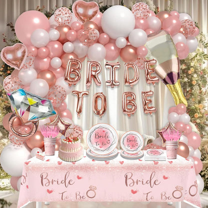 180Pcs Bachelorette Party Decorations,Pink Rose Gold Decor,Bridal Shower Party Supplies Balloon Arch,Bride To Be Party Favors Tableware Set Plates Fork Cups Napkins Tablecloth,Sash,Vail,Tiara