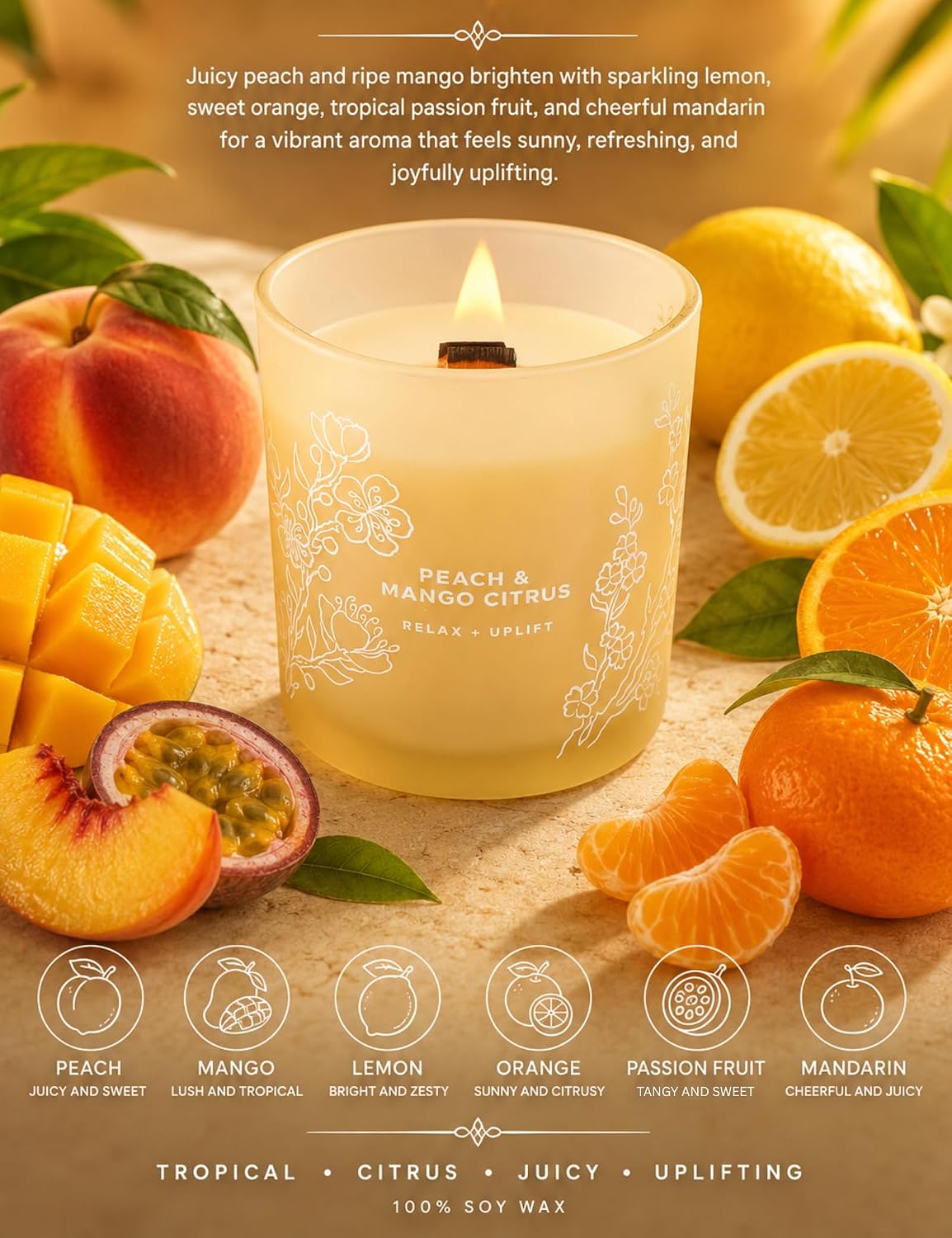 Peach Mango Citrus Scented Candle for Home, Fruity Wood Wick Jar Candle