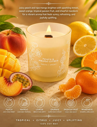 Peach Mango Citrus Scented Candle for Home, Fruity Wood Wick Jar Candle