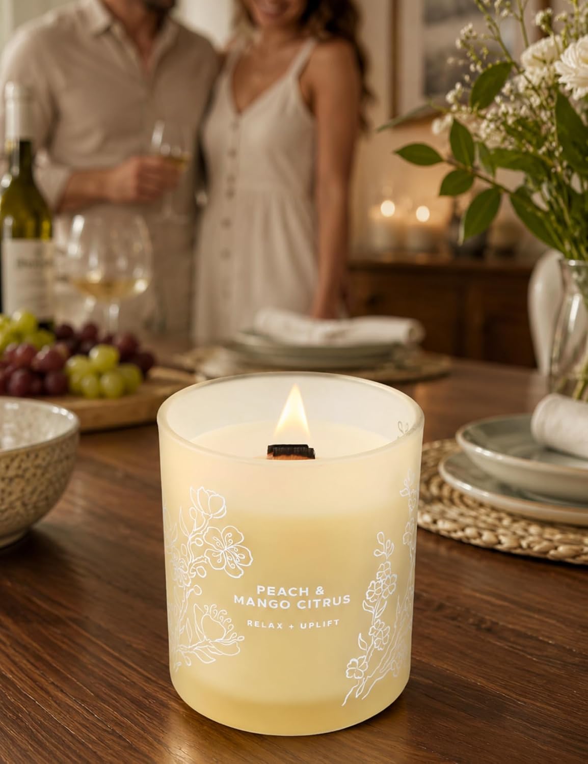 Peach Mango Citrus Scented Candle for Home, Fruity Wood Wick Jar Candle
