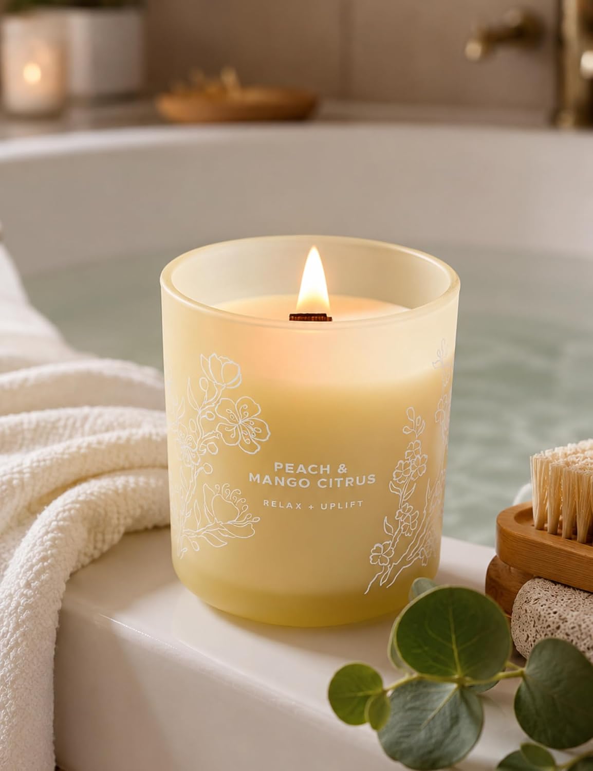 Peach Mango Citrus Scented Candle for Home, Fruity Wood Wick Jar Candle