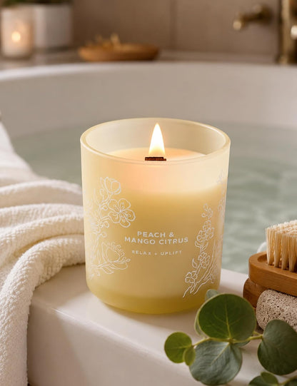 Peach Mango Citrus Scented Candle for Home, Fruity Wood Wick Jar Candle