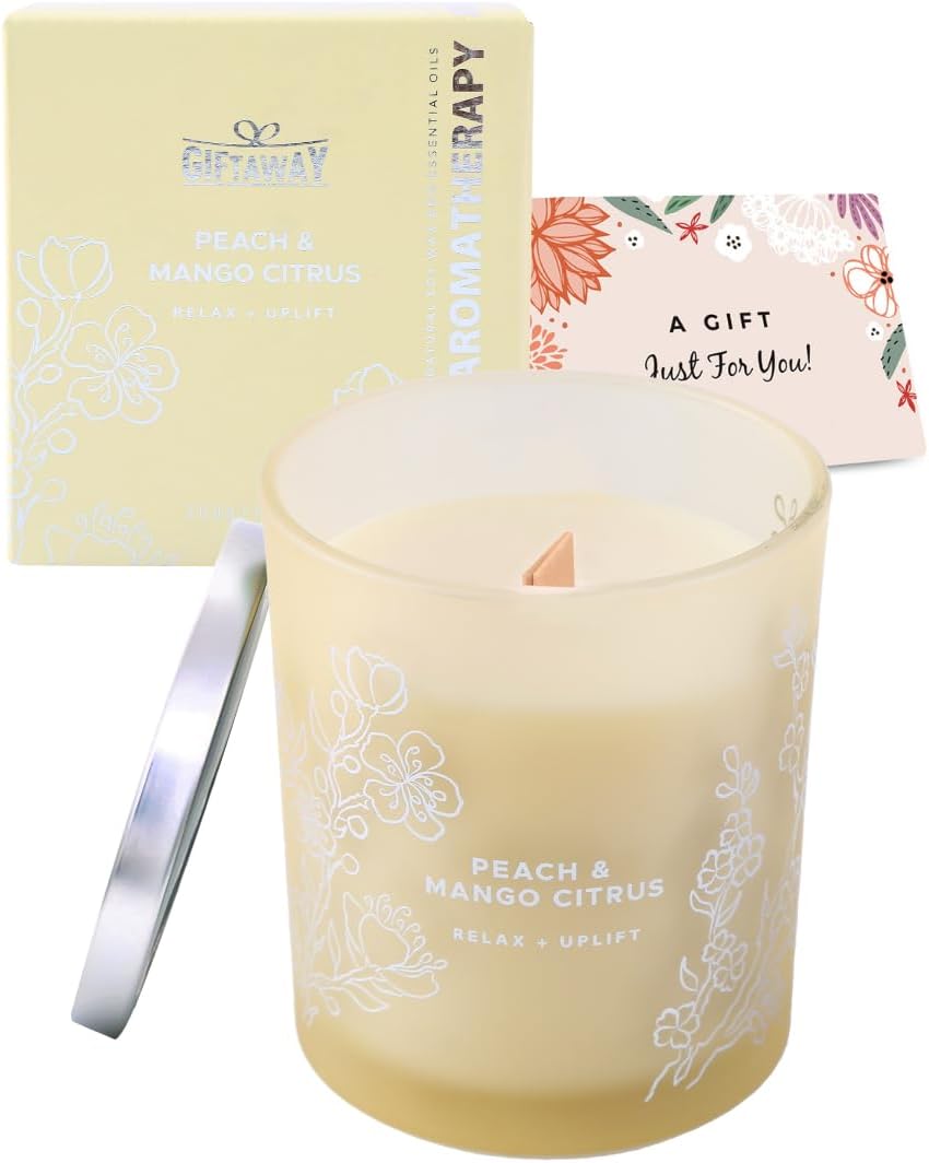 Peach Mango Citrus Scented Candle for Home, Fruity Wood Wick Jar Candle