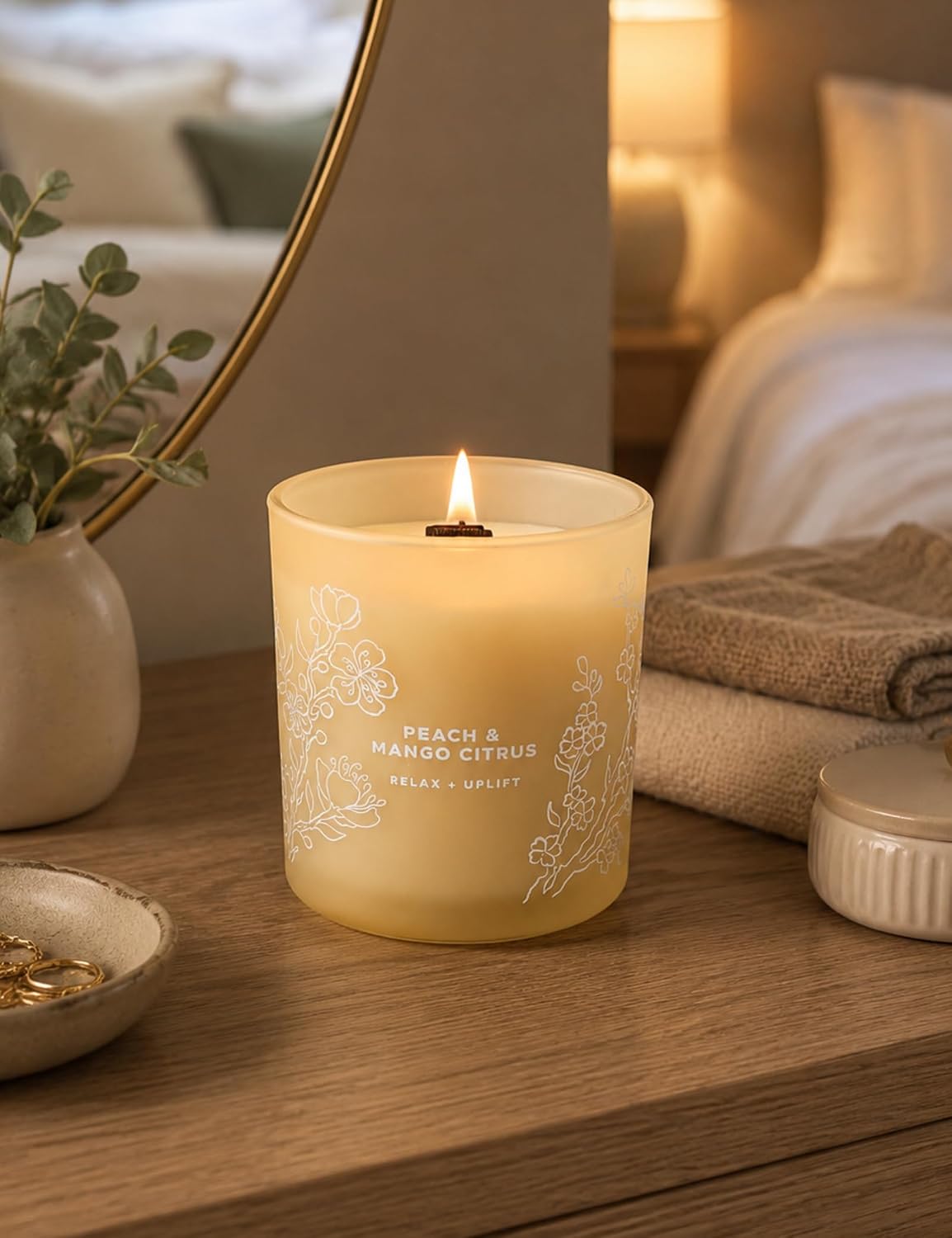 Peach Mango Citrus Scented Candle for Home, Fruity Wood Wick Jar Candle