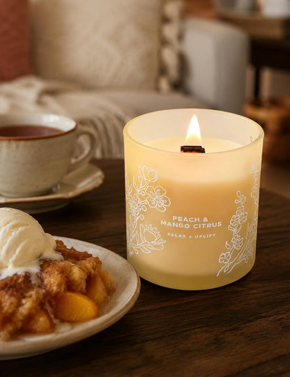 Peach Mango Citrus Scented Candle for Home, Fruity Wood Wick Jar Candle