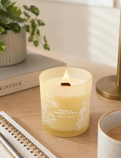 Peach Mango Citrus Scented Candle for Home, Fruity Wood Wick Jar Candle
