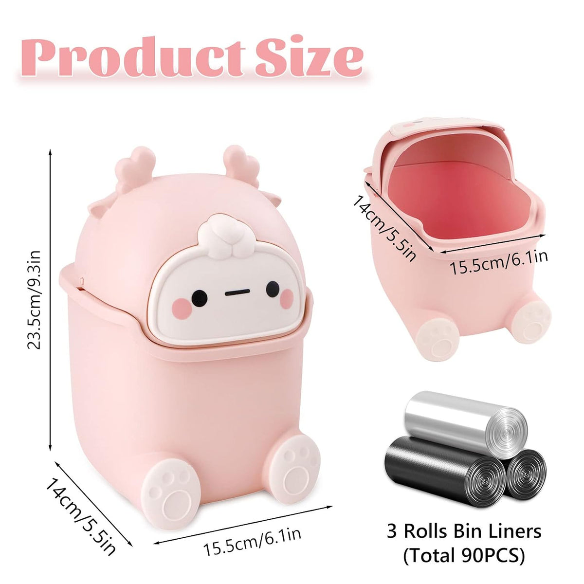 Cute Desktop Trash Can Wastebasket with 90 Trash Bags, Creative Tiny Countertop Garbage Can with Flip Lid, Small Plastic, Pink