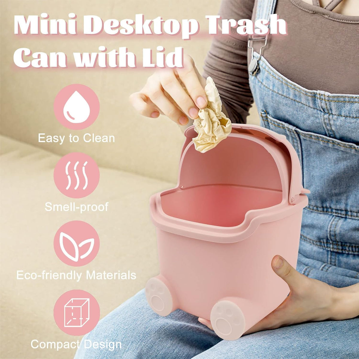 Cute Desktop Trash Can Wastebasket with 90 Trash Bags, Creative Tiny Countertop Garbage Can with Flip Lid, Small Plastic, Pink