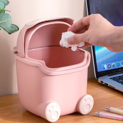 Cute Desktop Trash Can Wastebasket with 90 Trash Bags, Creative Tiny Countertop Garbage Can with Flip Lid, Small Plastic, Pink