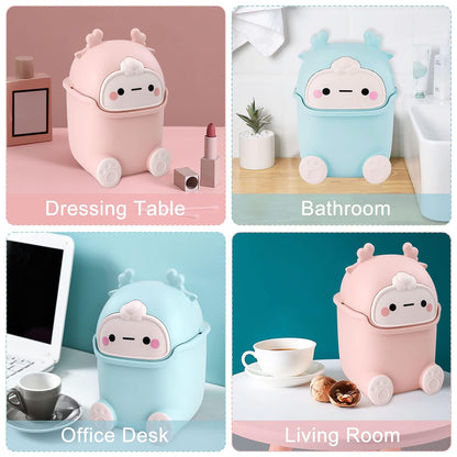 Cute Desktop Trash Can Wastebasket with 90 Trash Bags, Creative Tiny Countertop Garbage Can with Flip Lid, Small Plastic, Pink