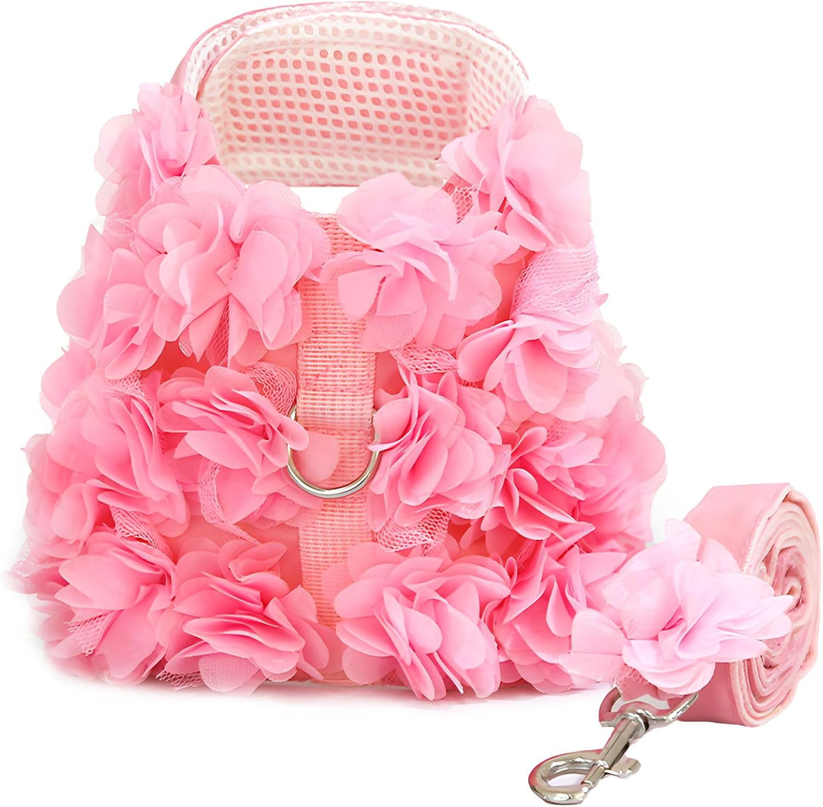 Cute Small Dog Harness and Leash Set Pink Lace Floral Girl Puppy Harness for Small Dogs Cats Soft Mesh Dog Vest Harness Escape Proof Pet Cat Harness Outfits