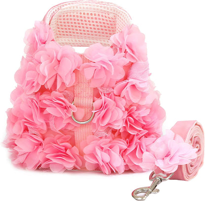 Cute Small Dog Harness and Leash Set Pink Lace Floral Girl Puppy Harness for Small Dogs Cats Soft Mesh Dog Vest Harness Escape Proof Pet Cat Harness Outfits
