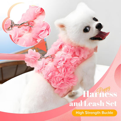 Cute Small Dog Harness and Leash Set Pink Lace Floral Girl Puppy Harness for Small Dogs Cats Soft Mesh Dog Vest Harness Escape Proof Pet Cat Harness Outfits