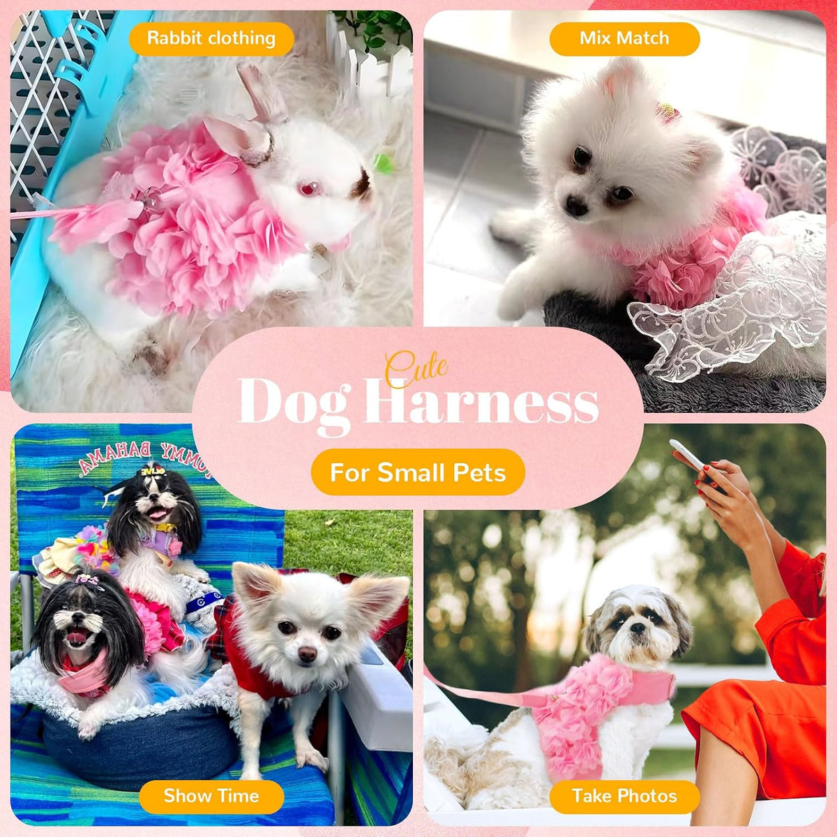 Cute Small Dog Harness and Leash Set Pink Lace Floral Girl Puppy Harness for Small Dogs Cats Soft Mesh Dog Vest Harness Escape Proof Pet Cat Harness Outfits