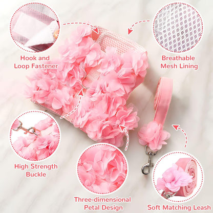 Cute Small Dog Harness and Leash Set Pink Lace Floral Girl Puppy Harness for Small Dogs Cats Soft Mesh Dog Vest Harness Escape Proof Pet Cat Harness Outfits