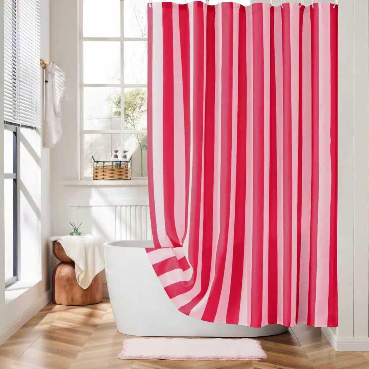 Vertical Striped Shower Curtain, Cute Retro Vintage Stripe Farmhouse Bathroom Shower Curtain, Waterproof Polyester Fabric Modern Shower Curtain for Bathroom 72x72 Inches (Double Pink)