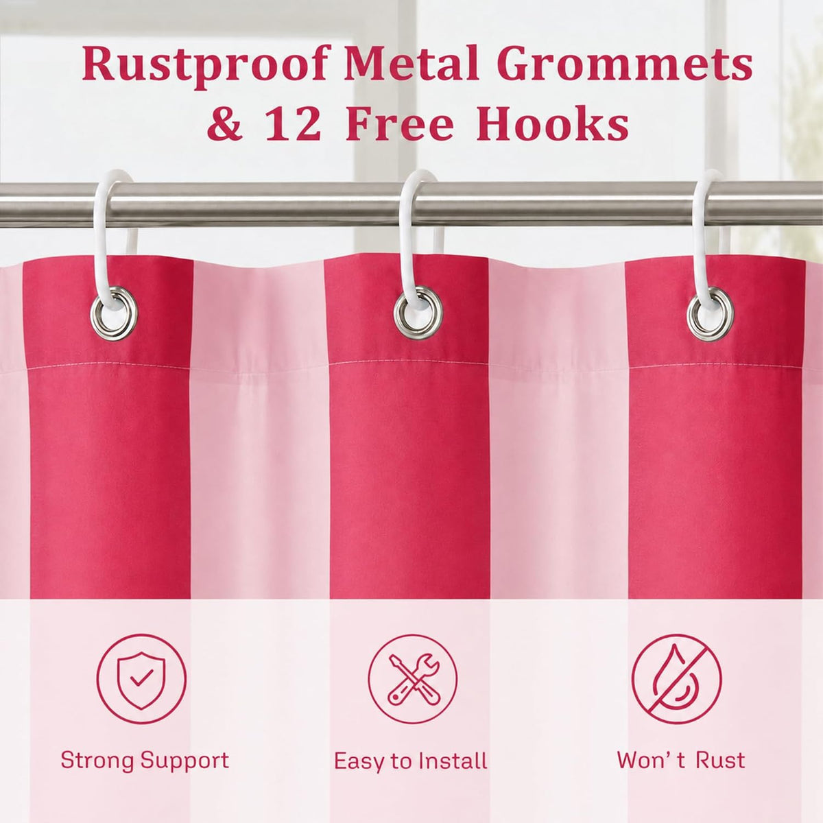 Vertical Striped Shower Curtain, Cute Retro Vintage Stripe Farmhouse Bathroom Shower Curtain, Waterproof Polyester Fabric Modern Shower Curtain for Bathroom 72x72 Inches (Double Pink)