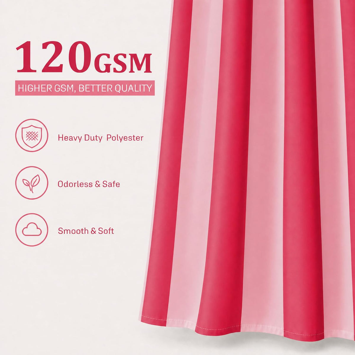 Vertical Striped Shower Curtain, Cute Retro Vintage Stripe Farmhouse Bathroom Shower Curtain, Waterproof Polyester Fabric Modern Shower Curtain for Bathroom 72x72 Inches (Double Pink)