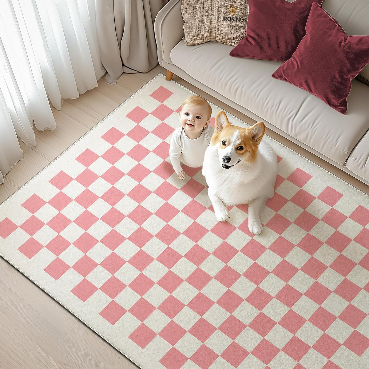 Washable Checkered Rug, 5x7 Pink Checkerboard Modern Foldable Large Area Rugs for Living Room, Low Pile Ultra-Thin Non-Slip Indoor Doormat Carpet for Office Bedroom Playroom Classroom Dorm