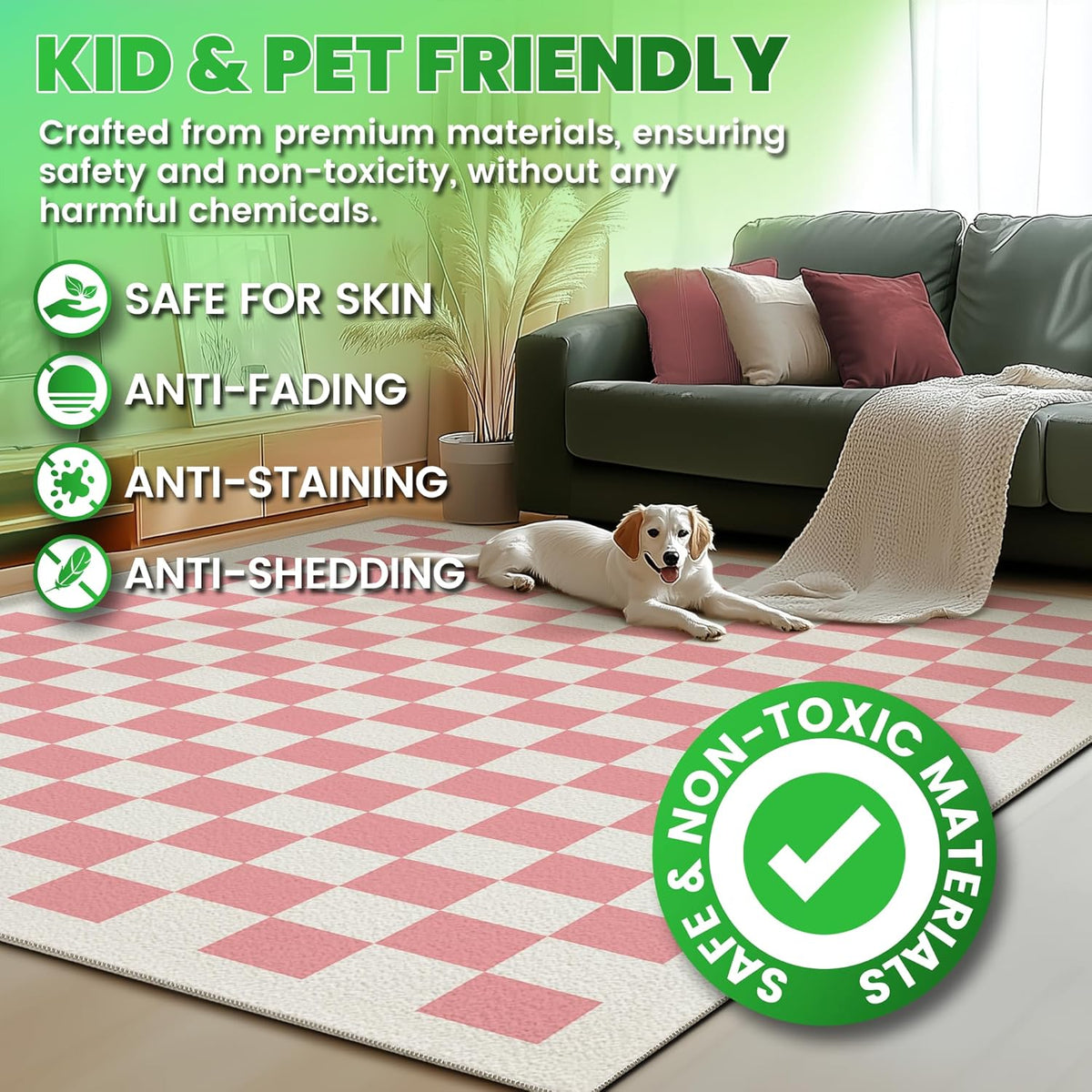 Washable Checkered Rug, 5x7 Pink Checkerboard Modern Foldable Large Area Rugs for Living Room, Low Pile Ultra-Thin Non-Slip Indoor Doormat Carpet for Office Bedroom Playroom Classroom Dorm